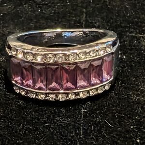 Silver Band Ring with Purple Baguette Stones and Pavé Accents